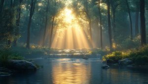 Sunlit Forest River 4K Desktop Background - Nature Mobile Wallpaper