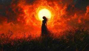 Fiery Sunset Woman Silhouette Art Mobile Background Wallpaper