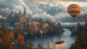 Fantasy Castle Landscape Wallpaper 4K, Hot Air Balloon Desktop Background