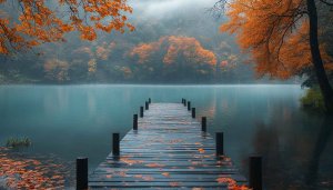Autumn Lake Dock 4K Desktop Backgrounds and Mobile Wallpaper