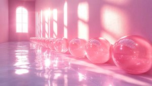 Aesthetic Pink Room 4K Wallpaper: Shiny Spheres Desktop Background