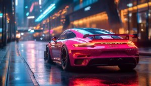 Porsche Pink Car Night Cityscape Mobile Wallpaper 4K Background