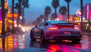 Porsche 911 Neon Cityscape Wallpaper - 4K Desktop Background