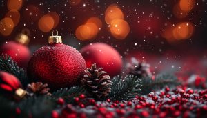 Festive Red Christmas Baubles Wallpaper Background, Holiday Season Desktop Image