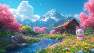 Cute Bunny Anime Spring Landscape 4K Desktop Mobile Wallpaper