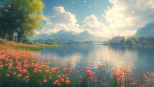 Lake Landscape with Red Flowers 4K Desktop Wallpaper Background