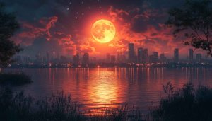 Full Moon over Cityscape Lake - Free 4K Desktop Wallpaper
