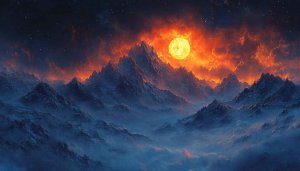Fantasy Mountain Landscape Wallpaper 4K, Epic Celestial Moon Background