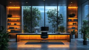 Modern Office 4K Desktop Wallpaper with City View Background Free