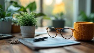Cozy Workspace Desktop Wallpaper Background with Potted Plant and Glasses