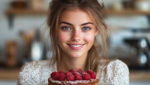 Smiling Girl Holding Cake Mobile Wallpaper | Raspberry Cake Wallpaper