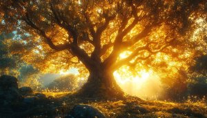 Golden Sunlight Tree Wallpaper: Forest Scenery Desktop Background Free