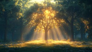 Sunlit Forest Tree Scenery Wallpaper, Golden Light, Nature Background