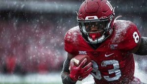 Football Player Red Jersey in Snow Mobile Desktop Wallpaper 4K