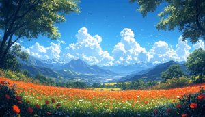 Poppy Field and Mountain Scenery 4K Desktop Wallpaper Background