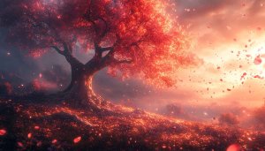 Red Leaves Tree Fantasy Landscape 4K Desktop Mobile Wallpaper