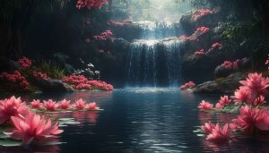 Pink Lotus Flower Waterfall Scenery 4K Mobile Desktop Wallpaper