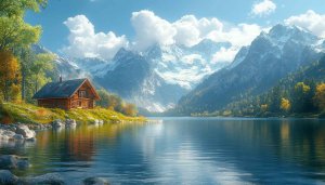 Lake House Snowy Mountains Autumn Trees 4K Desktop Wallpaper