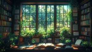 Cozy Library Window View Wallpaper, Relaxing Study Desktop Background