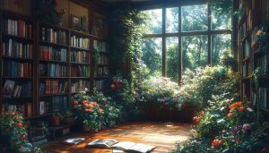 Botanical Library Aesthetic Wallpaper, Free Desktop Background, Cozy Reading Nook