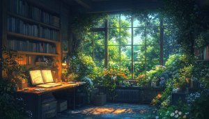 Botanical Study Room with Garden View for 4K Desktop Wallpaper