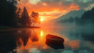 Orange Sunset Lake Boat Reflection Scenery 4K Desktop Background