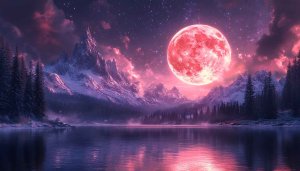 Red Moon Mountain Lake 4K Desktop Wallpaper, Free Mobile Background