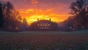 Fiery Sunset Mansion 4K Wallpaper, Autumn Landscape Desktop Background