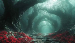 Mystical Dark Forest 4K Wallpaper, Red Flowers Fantasy Background