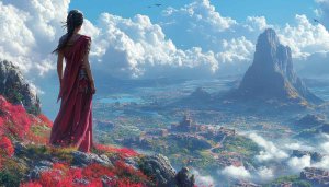 Fantasy World Mobile Wallpaper: Ancient City, Woman in Saree, Clouds