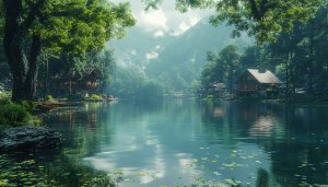 Lake House in Misty Mountains Mobile Background Serene Nature Wallpaper