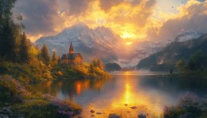 Lake House Landscape Wallpaper 4K Desktop Background Golden Sunset Scenery