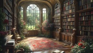 Ornate Library With Garden View 4K Desktop Wallpaper Background