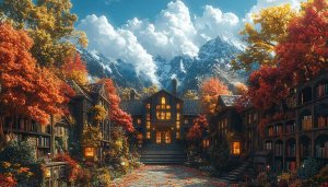 Autumnal Mountain Academia 4K Wallpaper, Rustic Bookshelf Architecture Background