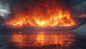 Fiery Lava Mountains Lake 4K Desktop Background Wallpaper
