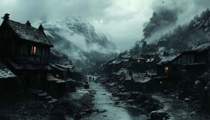 Gloomy Dark Fantasy Village with Snowy Mountain Mobile Wallpaper