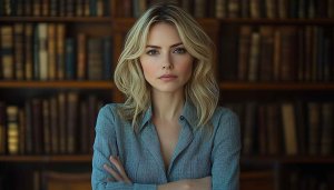 Blonde Woman Library Portrait Wallpaper, Professional Profile Background
