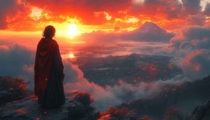 Fantasy Mountain Sunset 4K Desktop Wallpaper, Woman Watching Fiery Horizon
