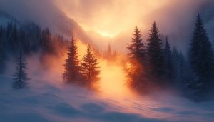 Golden Sunrise Winter Forest Wallpaper, Snowy Mountain Desktop Background 4K
