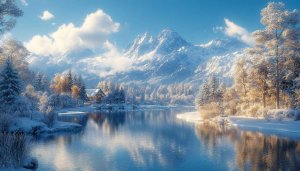 Winter Mountain Lake Scenery 4K Desktop Background Free Snow Wallpaper