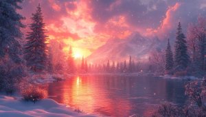 Winter Wonderland Lake Sunset Wallpaper, 4K Desktop Background
