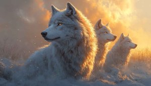 White Wolves Golden Sunset Wallpaper: 4K Desktop Background Free