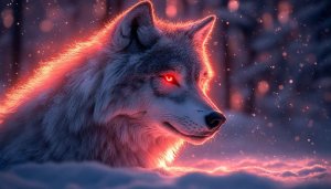 Glowing Wolf with Red Eyes Winter 4K Desktop Background