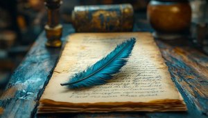 Blue Feather Quill Pen Antique Paper Texture 4K Desktop Wallpaper