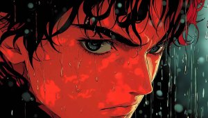 Red Anime Boy Crying in Rain 4K Desktop Wallpaper