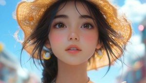 Anime Girl with Brown Eyes and Straw Hat Wallpaper 4K