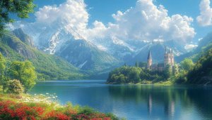 Snowy Mountain Landscape with Lake and Castle 4K Wallpaper