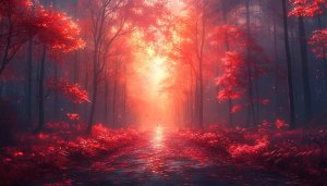 Red Autumn Forest Path 4K Desktop Background Wallpaper