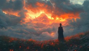 Fiery Mountain Sunset 4K Desktop Wallpaper, Woman Silhouette Background