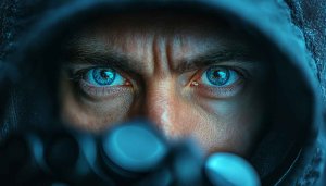 Intense Blue Eyes Mobile Wallpaper, Hooded Figure 4K Background